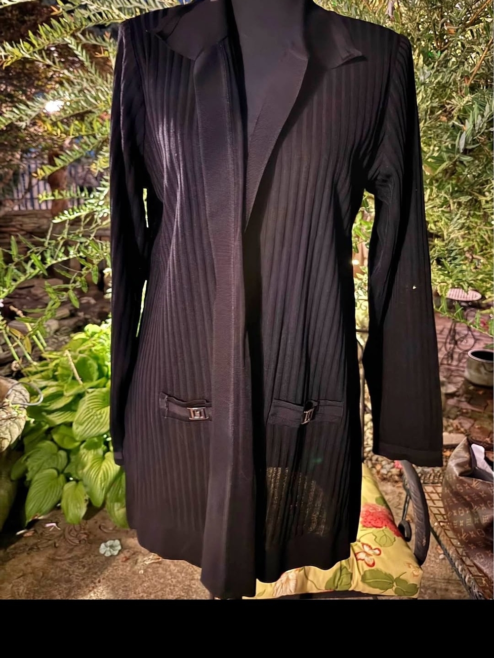 Misook Black Ribbed Open-Front Long Jacket